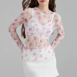 IFOMT Chic Sheer Tops for Women Long Sleeve Mock Neck Lace Mesh Top Sexy See Through Floral Tee Shirt Layering Blouse Y2k Streetwear
