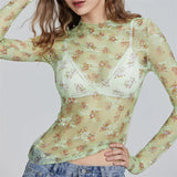 IFOMT Chic Sheer Tops for Women Long Sleeve Mock Neck Lace Mesh Top Sexy See Through Floral Tee Shirt Layering Blouse Y2k Streetwear