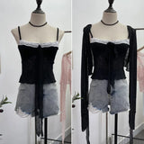IFOMT Ladies Hottie Lace Bow Lace Up Camisole Short Irregular Streamer Long Sleeve Cardigan Top Knitted Two-Piece Set Y2K Sweety Top