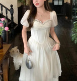 IFOMT Spring Outfit Summer Vintage White Diamonds Midi Fairy Dress Women Short Sleeve Square Collar Elegant Birthday Party Pleated Evening Dresses