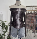 IFOMT Women Retro Tie Dye Abstract Print Front Double Layer Mesh Top One Shoulder Drawstring Pleated Long Sleeve Y2K Boat Neck Top2579