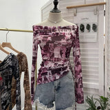 IFOMT See Through Retro Graffiti Print One Shoulder Mesh Long Sleeve Layered Shirt  For Women Drawstring Slim Fit Tshirt Y2K Top 8959