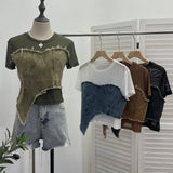 IFOMT Women Vintage Sexy See Throgh Top Y2K Top Washed Raw Edge Denim Pacthwork Mesh Short Sleeve Shirt Casual Holiday Club Streetwear