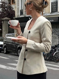 IFOMT Women Fashion U-neck Single Breasted Jacket Elegant White Slim Long Sleeve With Pocket Thin Coat 2024 New Autumn Commute Outwear