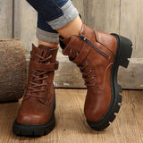 IFOMT  Belt Buckle Platform Combat Boots Women Chunky Heels Lace Up Ankle Boots Woman Side Zipper PU Leather Short Booties Plus Size 43