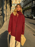 IFOMT Women's Burgundy Scarf Collar Short Woolen Coats Elegant Single Breasted With Pockets Jackets With New Female Street Outerwear