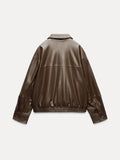 IFOMT Vintage Pu Leather Zipper Short Jacket Women Fashion Long Sleeve Stretch Hem Pockets Coat 2024 New High Street Chic Outerwear