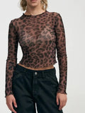 IFOMT Women Y2k Sheer Mesh Top Leopard Long Sleeve See Through Layering Shirt Vintage Fairy Grunge Tee Slim Fit Lace Crop Top