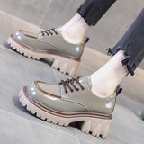 IFOMT  British Style Chunky Platform Pumps Women Spring Lace Up Thick Heels Loafers Woman Round Toe Patent Leather Shoes