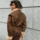 IFOMT Vintage Elegant Irregular Hem Plush Lapel Coats Lace Up Brown Patchwork Coats Women Pockets Loose Jacket With Belt 2024 Outwear