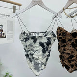 IFOMT Women Retro Tie Dye Printed Spaghetti Strap Camisole Sexy Mesh Pleated Short Tube Top With Breast Pads Sleeveless Casual Y2K Top