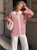 IFOMT Retro Lattice Color Block POLO Collar Knit Cardigan For Women Button Casual Loose Sweater Outwear 2024 New
