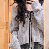 IFOMT Elegant Fashion V-neck Lace Up Knitted Tops Women 2024 Early Autumn New Sweaters Coat  Y2k Long Sleeve Loose Cardigan