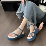 IFOMT  Blue Denim Platform Sandals Women Summer Clip Toe Wedge Heeled Sandals Woman Ankle Straps Thick Bottom Wedges Shoes Female