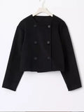 IFOMT Women Dark Red Round Neck Wool Blends Short Jacket Elegant Long Sleeve Buttons Cropped Coats Autumn Winter High Street Outwear