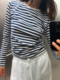 IFOMT Autumn Women Striped Long Sleeve Crop Top Casual Basic Tee Slim Fitted Crew Neck Pullover Tight Shirts Streetwear