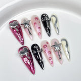 IFOMT 10pc Detachable Long Stilette Pink False Nails Metal Relief Design Fake Nail Y2k Hot Girl Full Cover Acyrlic Press On Nails Tip