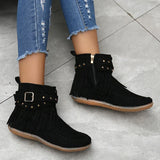 IFOMT  Bohemian Style Tassels Ankle Boots Women Retro Faux Suede Buckle Strap Short Boots Woman Plus Size 43 Flat Heels Western Botas