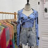 IFOMT Retro Tie Dye Print Halter Neck Bottoming Long Sleeve Top Sexy Hot Girl V Neck Pleated T-shirt Slim Mesh Y2K Top Essential 8929