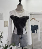 IFOMT Women Street Raw Edge Denim Spliced Solid Mesh Long SLeeve T-Shirt Chic Sexy See Throgh Top Irregular Y2K Top Casual Holiday2633