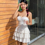 IFOMT Frill Floral Dress For Women Fashion Backless One-shoulder Splice Strapless Slim Birthday Party Sweet Short Dress Female