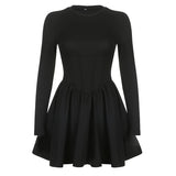 IFOMT Black Long Sleeve O Neck Pleated Dress