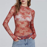 IFOMT Chic Sheer Tops for Women Long Sleeve Mock Neck Lace Mesh Top Sexy See Through Floral Tee Shirt Layering Blouse Y2k Streetwear
