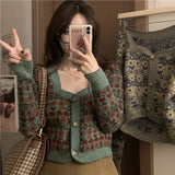 IFOMT Vintage All-match Flower Print Knitted Cardigan 2024 Early Autumn New Tops Mujer Y2k E-Girl Slim Fit Long Sleeve Coat Women