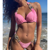 IFOMT Pink Bikinis Women's Swimsuits With Rhinestones Solid Color Swimwear Push Up Summer Beach Swim Wear Female Bathing Suits Bather