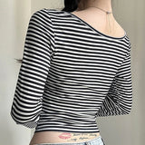 IFOMT Sweet Gentle Retro Stripe Versatile Tee Slim Fit Long Sleeved T-shirt Round Neck Bottom Shirt Short Top Female Clothes