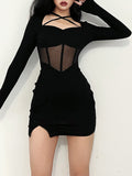 IFOMT Square Neck Mesh Patchwork See-through Dress