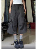 IFOMT Oversize American High Street Retro Pocket Cargo Shorts 2024 Summer New Wide Leg Pants Y2k Loose Straight Calf- Length