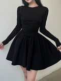 IFOMT Black Long Sleeve O Neck Pleated Dress