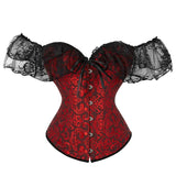 IFOMT Sexy Women Off Shoulder Corset Top with Floral Lace Sleeve Lace Up Bustier Fishbone Overbust Corset Bodyshaper Lingerie Top Y2k