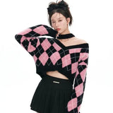 IFOMT American Sweet Black Pink Argyle V-neck Pullovers Autumn Winter New Sweaters Mujer Y2k Long Sleeve Loose Knitted Tops Women