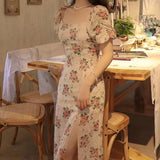 IFOMT Spring Outfit 1pc France Style Slim Fit Dress Summer High Slit Puff Sleeve Sweet Dress Women Fashion Square Neck Print Rose Floral Long Dress