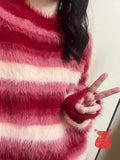 IFOMT Vintage Red Striped Gradient Mohair Lazy Sweater Autumn Winter New Knitted Pullover Y2k O-neck Long Sleeve Loose Tops Mujer