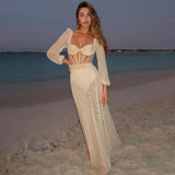 IFOMT 2023 New Retro Hollowed-Out Backless Sexy Swimsuit Long Sleeves Gather Luxury Solid Color Swimwear Knitted Beach Skirt Female