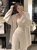 IFOMT Winter Warm Solid Three-piece Suit Women Long Knitted Cardigan + Camisole + Wide Leg Pants Elegant Korean Chic Loose Outwear