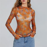 IFOMT Chic Sheer Tops for Women Long Sleeve Mock Neck Lace Mesh Top Sexy See Through Floral Tee Shirt Layering Blouse Y2k Streetwear