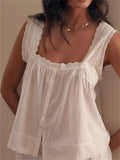 IFOMT Women Y2K Vintage Lace Trim Tank Top Sleeveless Semi Sheer Button Down Crop Shirt Vest Grunge Fairycore Clothings Streetwear