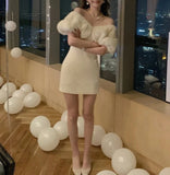 IFOMT Spring Outfit White Sexy Club Off Shoulder Gown Short Dress Spring Summer Elegant Birthday Evening Party Spliced Velvet Mini Dress 2024 Women