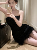 IFOMT HotSweet Korean Sexy Club Strapless Tweed Short Dress For Women 2024 Summer Luxury Diamond Small Fragrant Evening Party Dress