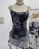 IFOMT Women's Wasteland Style Chic Lettering Tie-Dye Printed Mesh Top Hot Girl Irregular Ribbon Adjustable Spaghetti StrapsTank Top