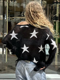 IFOMT Street Stars Printed irregular Wide Collar Sweater Hot Girl Loose Thin Ripped Knit Sexy See Through Pullovers Long Sleeve