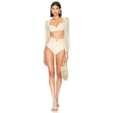 IFOMT Knit Mesh Crochet Long Sleeve Bikini Sets Cut Out Stretch Swimsuit Cover Up Luxury Swimwear Women's Beach Outfits Beachwear 2024