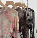 IFOMT Women's Sexy See Through Tie Dye Print Mesh Long Sleeve T-shirt Drawstring Lace Up Short Bell Sleeve Top Casual Streetwear 8929