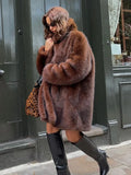 IFOMT Women Brown Soft Faux Fur Loose Coats Fashion Lapel Long Sleeves Pockets Overcoats Autumn Winter New Lady Warm Outwear