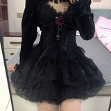 IFOMT Elastic Gothic Ruched Lace Tutu Skirt Women Black Mesh Detail Petticoat Sexy Mini Tulle Skirts Party Club Wear Dancer