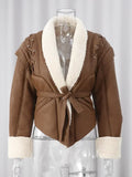 IFOMT Vintage Elegant Irregular Hem Plush Lapel Coats Lace Up Brown Patchwork Coats Women Pockets Loose Jacket With Belt 2024 Outwear